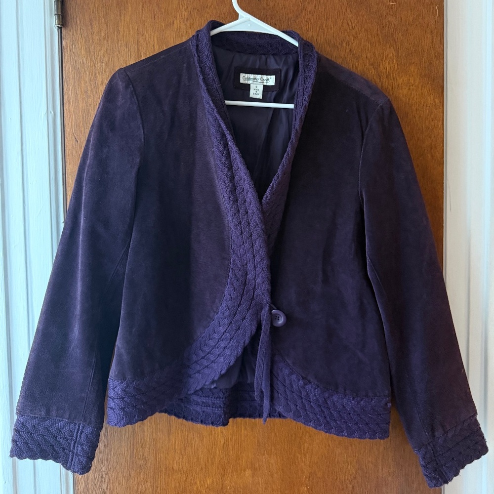 Coldwater Creek Purple Suede Rope Knit Collar Leather Jacket, Vintage, Size S